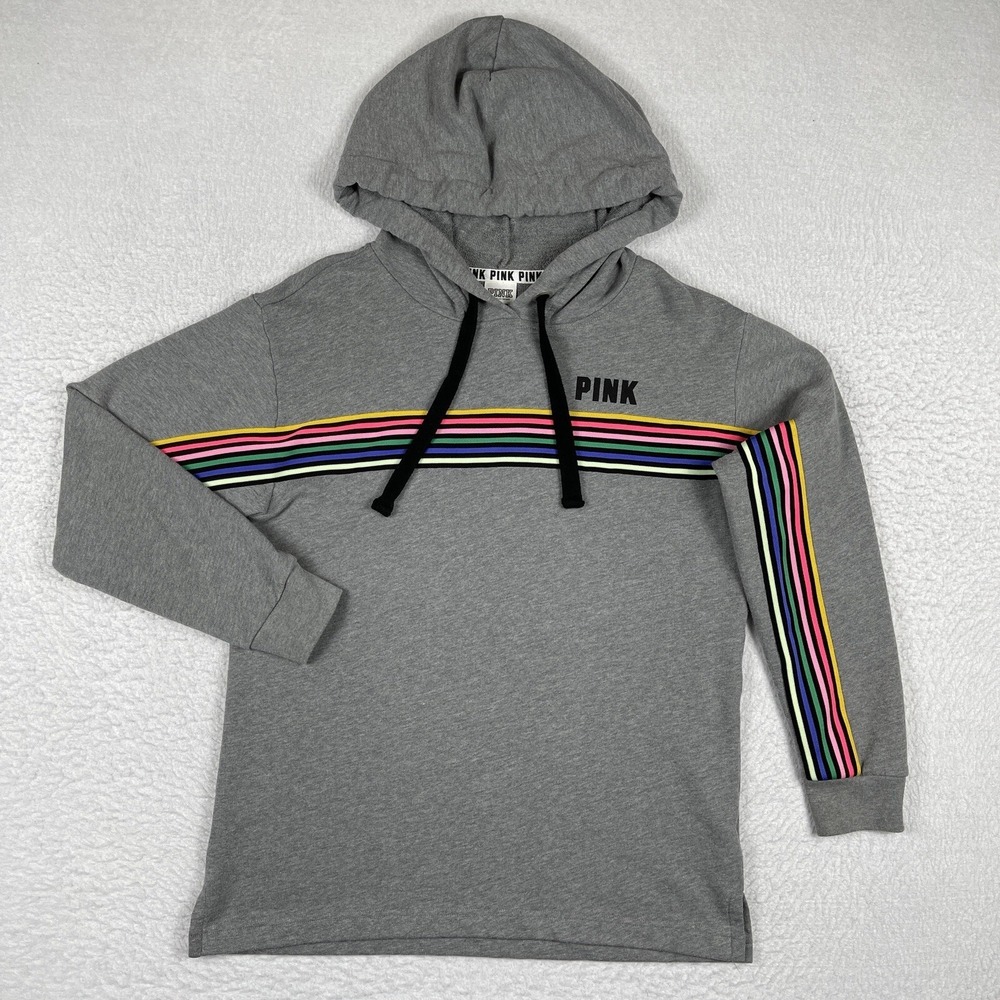 Victorias Secret Sweatshirt Womens Small Gray Rainbow Stripe Pink Hoodie